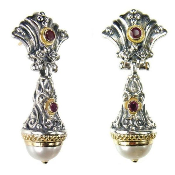 Gerochristo Medieval-Byzantine Earrings - Solid 18K Gold, Silver, Rubies & Pearls