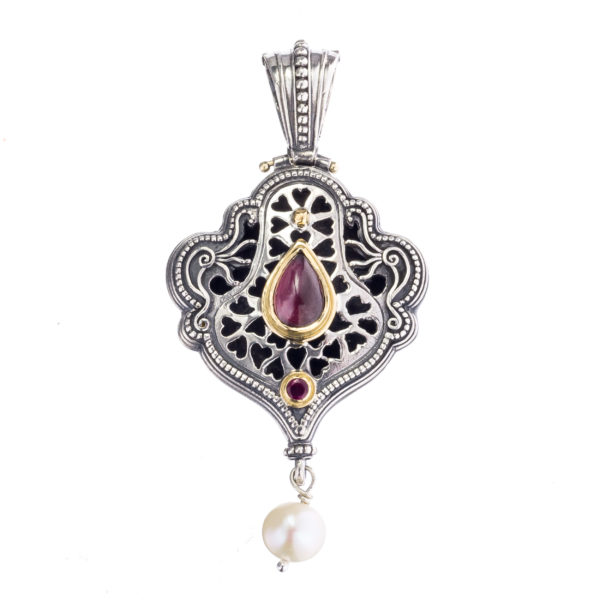 Silver 925 and 18K Gold, handmade, Byzantine pendant by Gerochristo with Red Tourmaline, Ruby and Pearl.