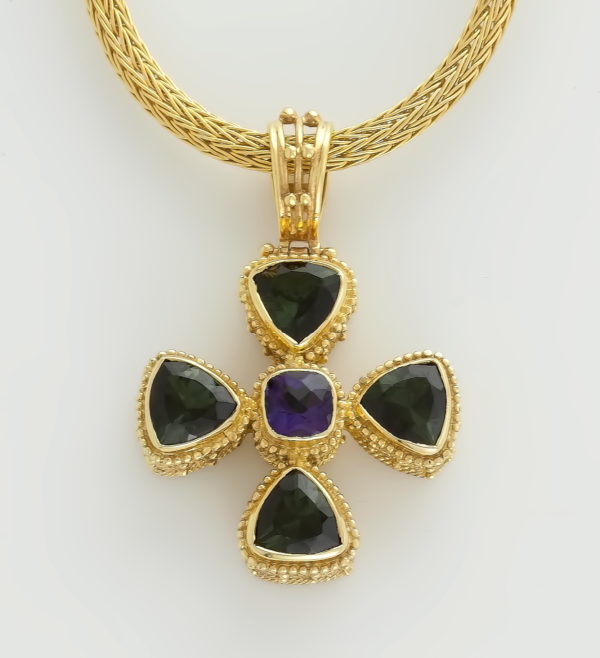 18K Gold, Byzantine, handmade, double sided cross with Tourmaline, Amethyst and Emerald stone.