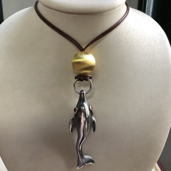 Silver 925, handmade, Gold-plated dolphin necklace with Tourmaline stone eyes.