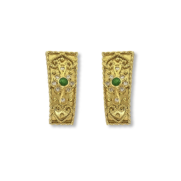 18K Gold handmade, Byzantine earrings with Emeralds and Diamonds.