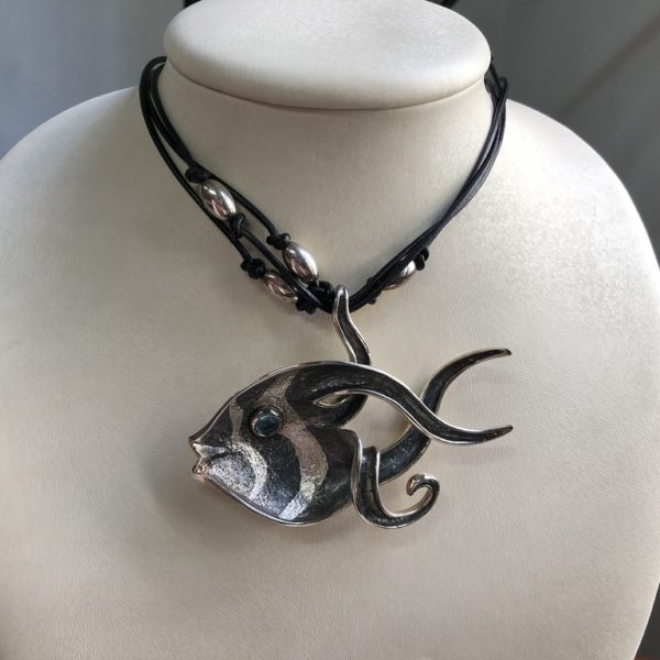 Silver 925, handmade fish necklace with Tourmaline eyes and leather cords.
