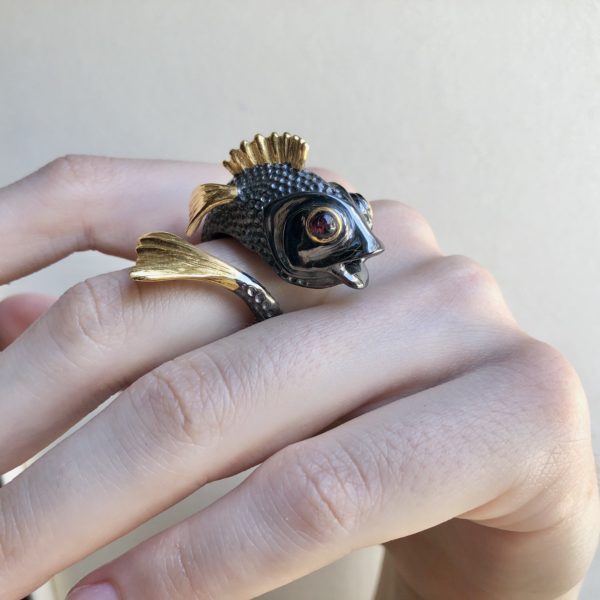 St. Silver and Gold Plated, handmade fish ring with Tourmaline stones.