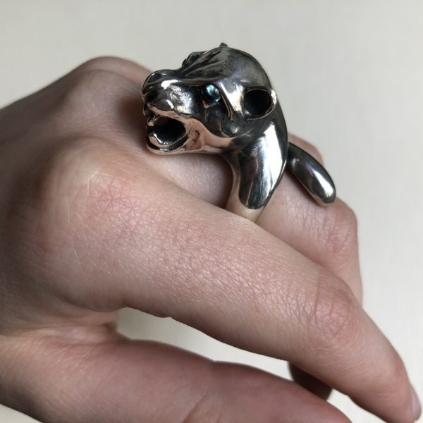 Silver 925, handmade jaguar head ring with Tourmaline stones.