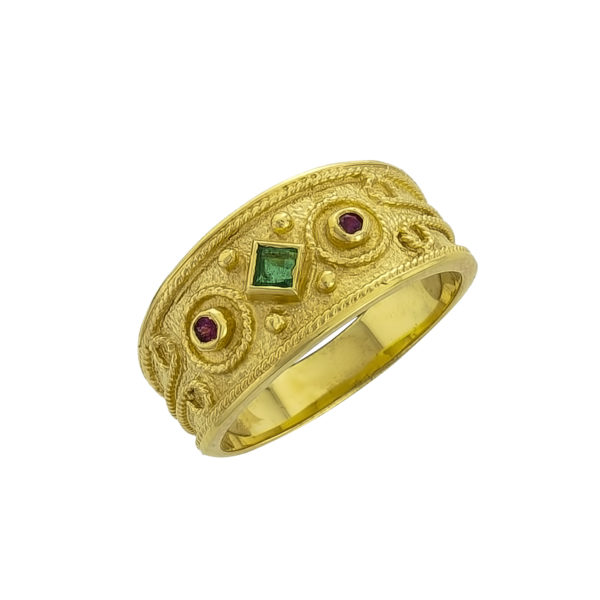 14K Gold, Byzantine, handmade ring with Emerald and Rubies.