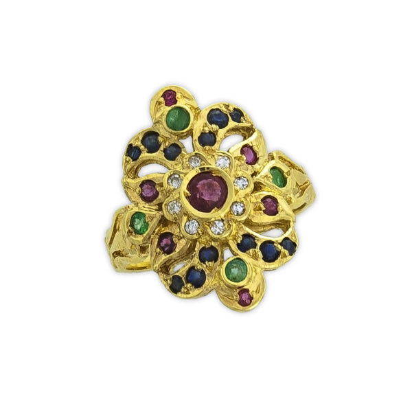18K Gold, Byzantine, handmade ring with Rubies, Saphires, Emeralds and Diamonds.