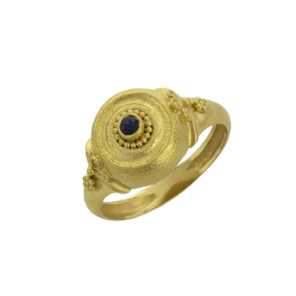 22K Gold Byzantine, handmade ring with a Saphire.