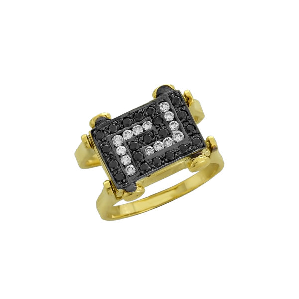 18K Gold reversible, black & white diamonds Greek key design flip ring.