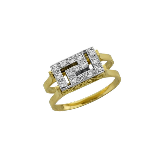 18K Gold reversible, white diamond Greek key design flip ring.