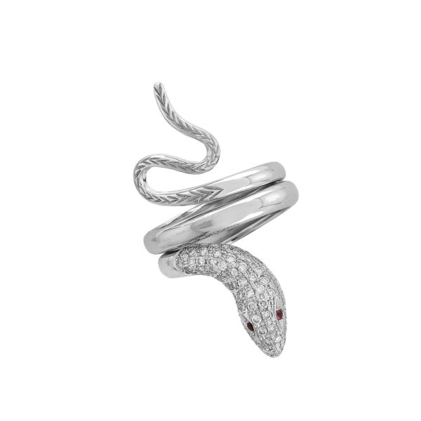 18k White Gold Diamond Snake Ring with Ruby eyes.