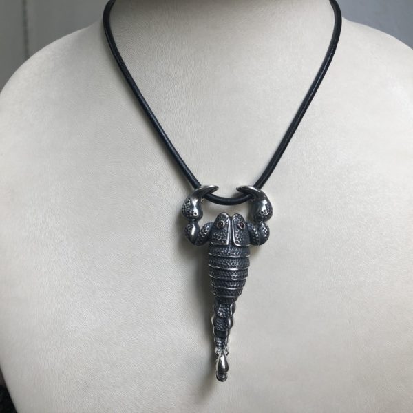 Silver 925, oxidized, handmade scorpion pendant with Tourmaline stones.