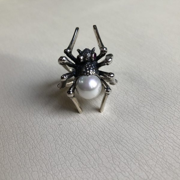 Silver 925, handmade spider ring with Ruby stone and genuine Pearl.