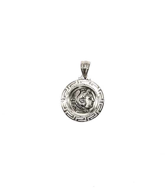 Silver 925, Alexander the Great, coin pendant with Greek Key.